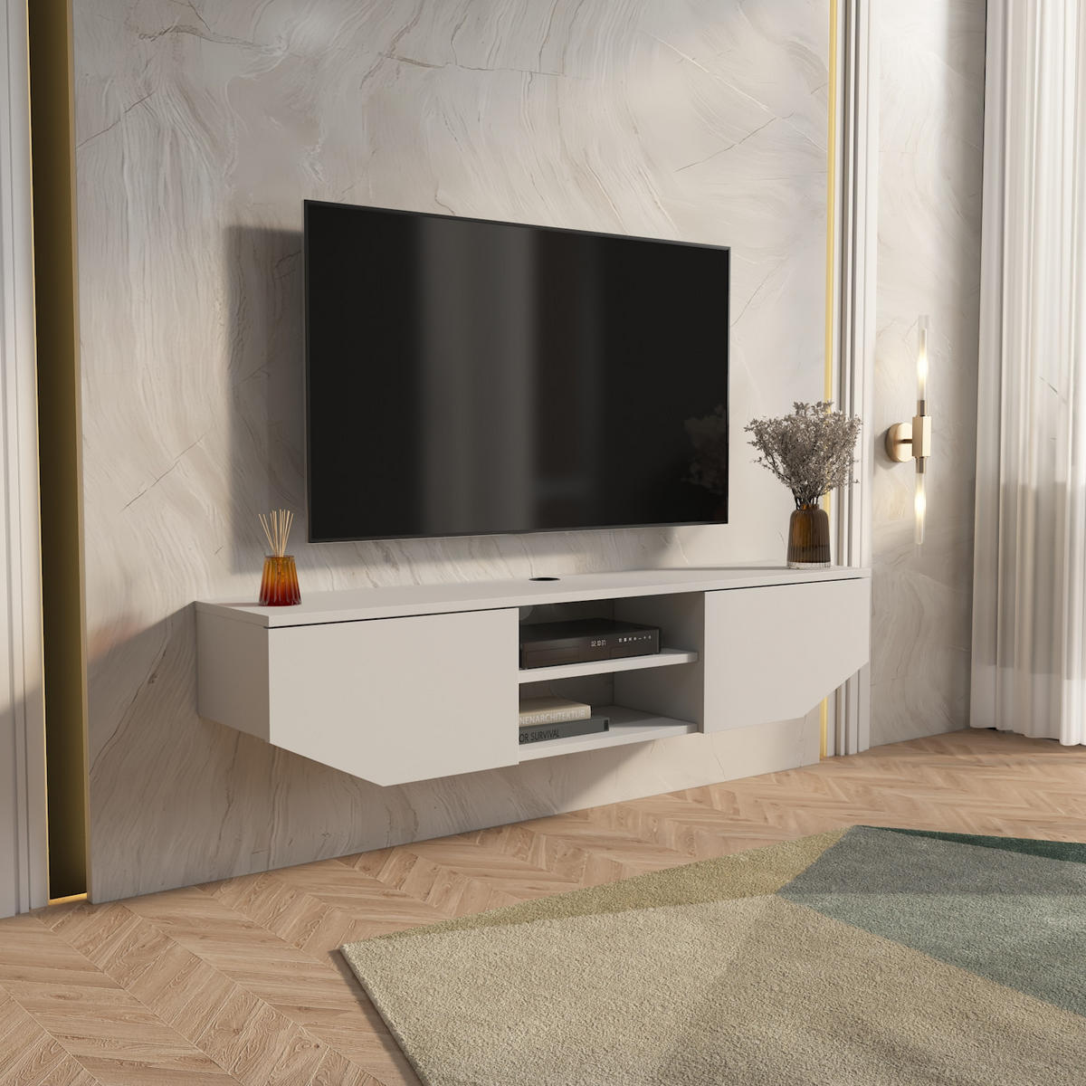 HÄNGENDE TV Einheit Hera Glänzend Weiß - Weiß, Holzwerkstoff (30/12.5/150cm) - Decorotika