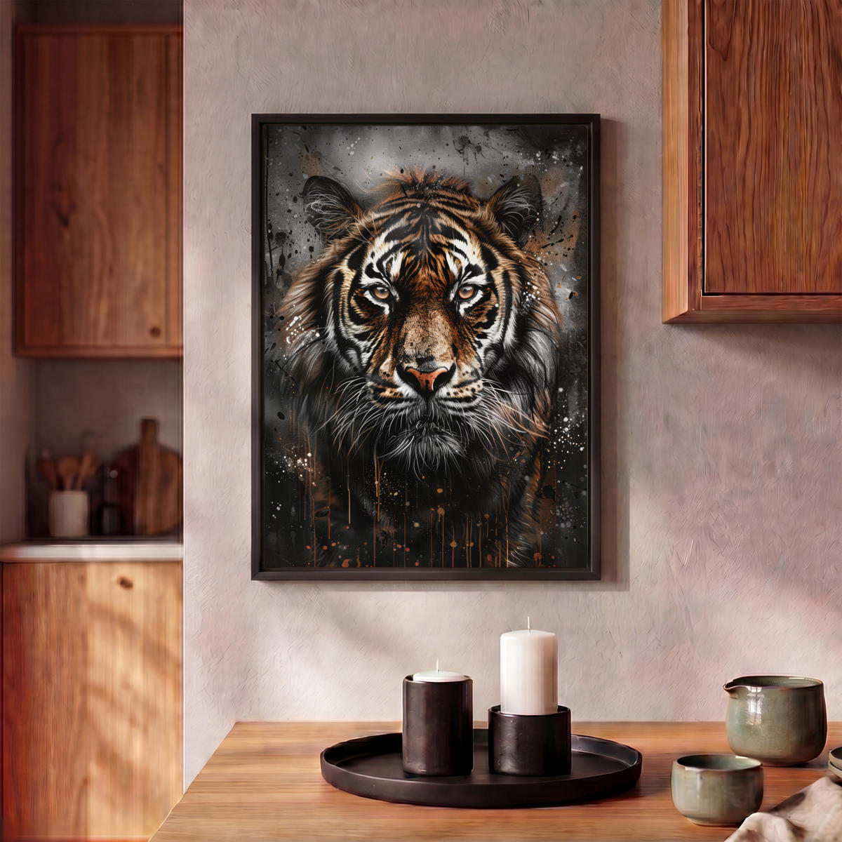 LEINWAND Bilder mit Rahmen - Tiger - Tiere - Porträt - Luxus - Schwarz - 30x40 - Braun, Textil (30/40cm) - MuchoWow
