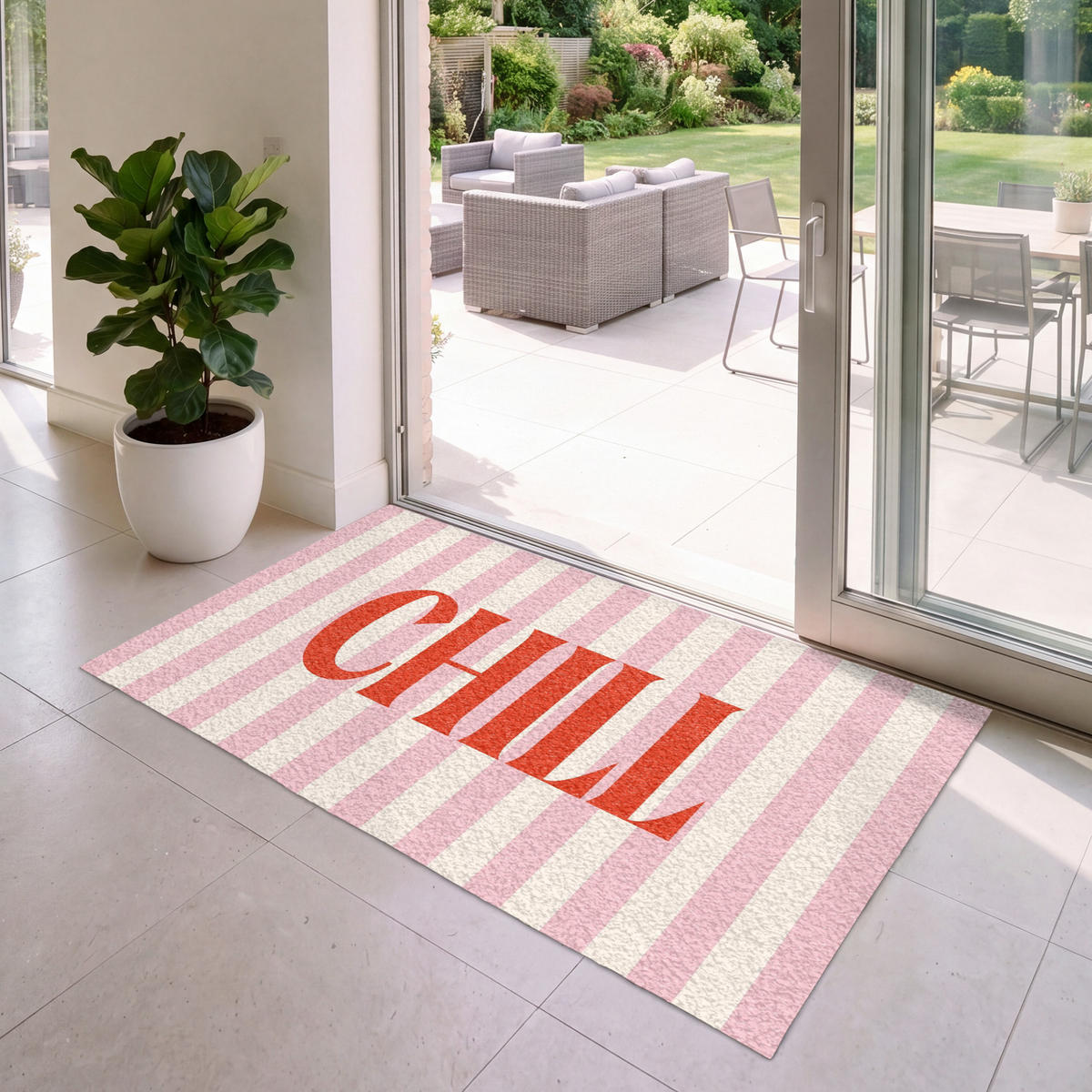 FUSSMATTE Zartrosa – Rot – Streifen – Chill 150x90 cm - Rosa, Kunststoff (150/0.4cm) - MuchoWow