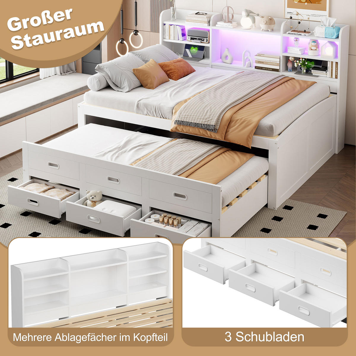 TAGESBETT 140x200cm Weiß LED Schubladen USB-C Nachttisch Klappbar Ausziehbar - Weiß, Holz (140/200cm) - FLIEKS