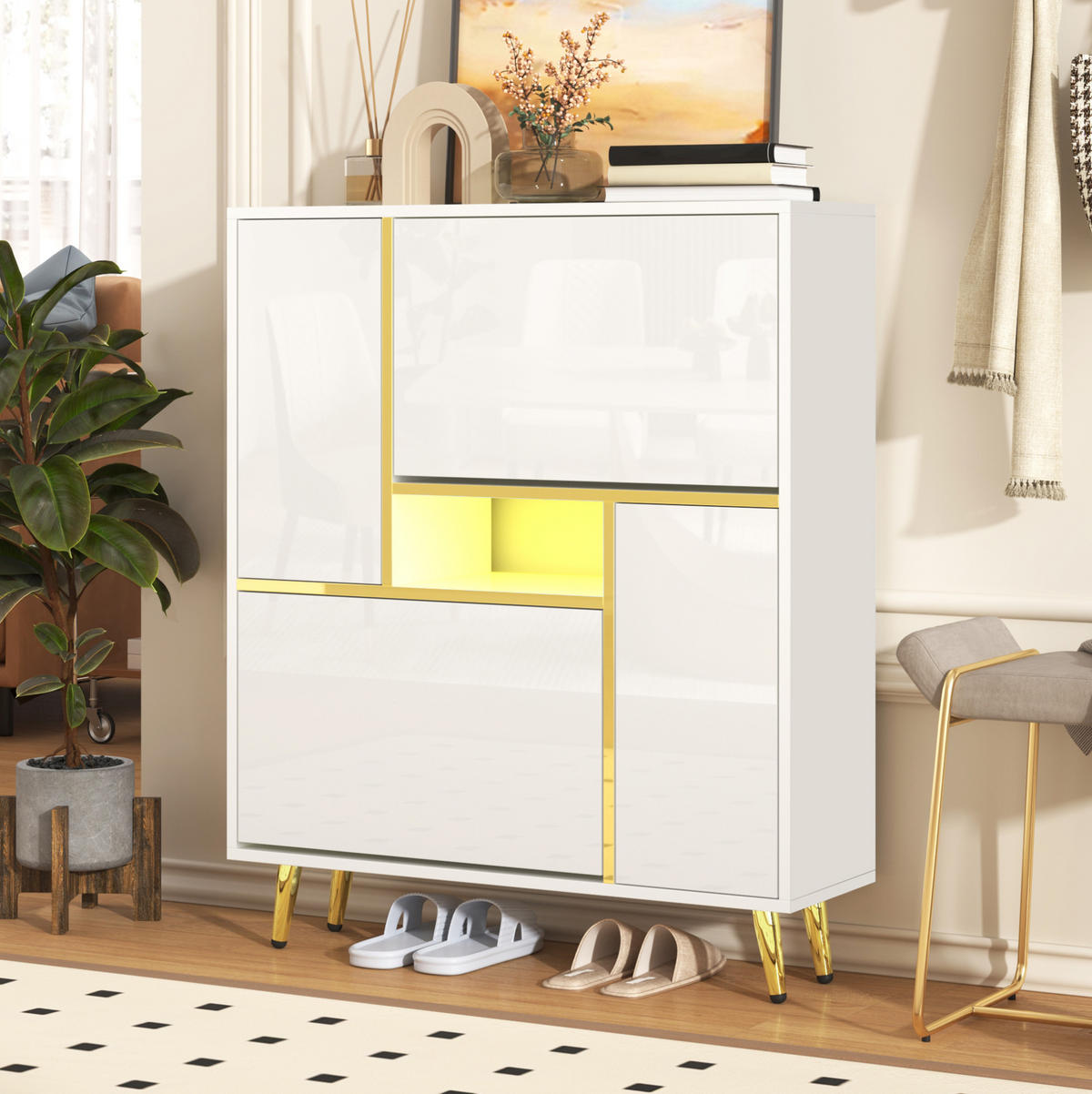 SCHUHSCHRANK 80/25/96 cm in Weiß mit 2 Türen, Hochglanzfront und LED-Licht - Weiß, Holzwerkstoff (80/96/25cm) - BEAOK