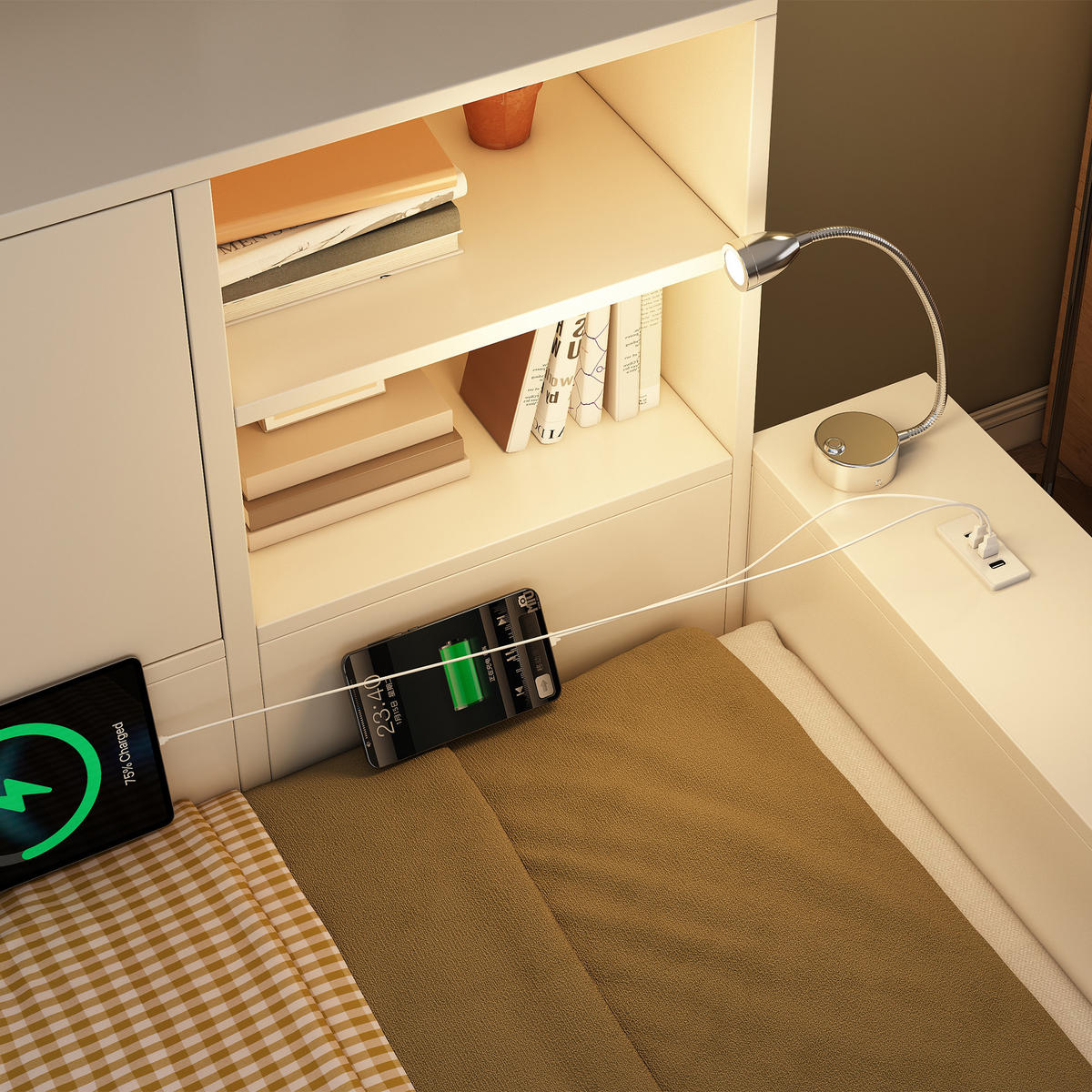 BETT 90/200 cm & 180/200 cm in Weiß mit Ausziehbett, Stauraum, USB, Type-C und LED Holz Design - Weiß, Holzwerkstoff (90/200cm) - STILVORA