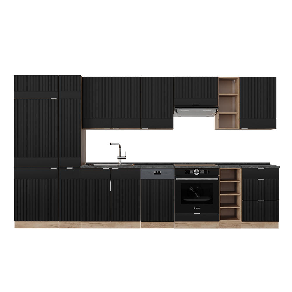 KÜCHENZEILE Fame-Line, Schwarz gestreift/Goldkraft Eiche, 355 cm, AP Anthrazit - Honigeiche/Schwarz, Holzwerkstoff (355/81.6/60cm) - Vicco