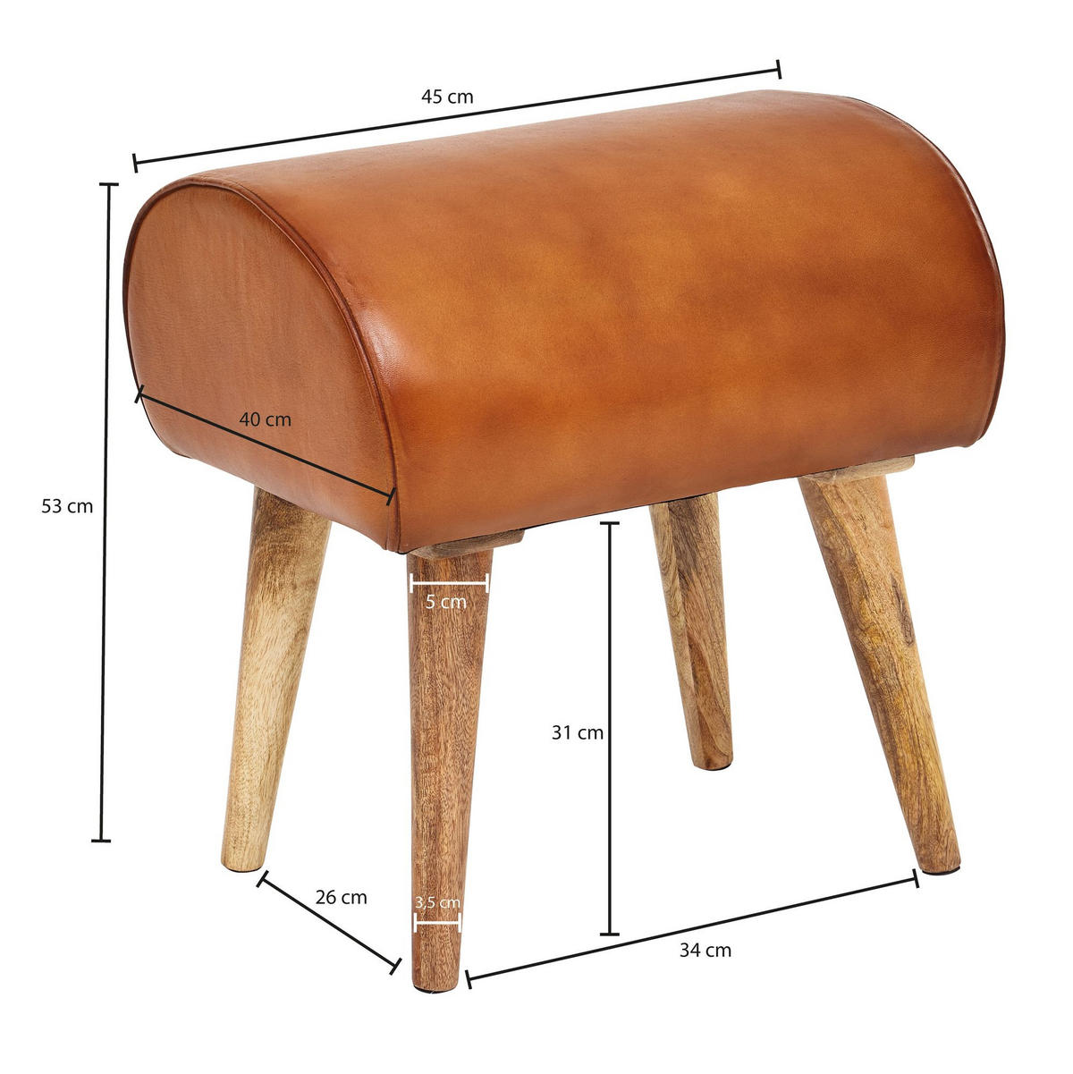 SITZHOCKER – Echtleder/Massivholz, 45x53x40 cm, 120 kg Belastbarkeit - Braun, Mangoholz/Leder (45/53/40cm) - KADIMA DESIGN