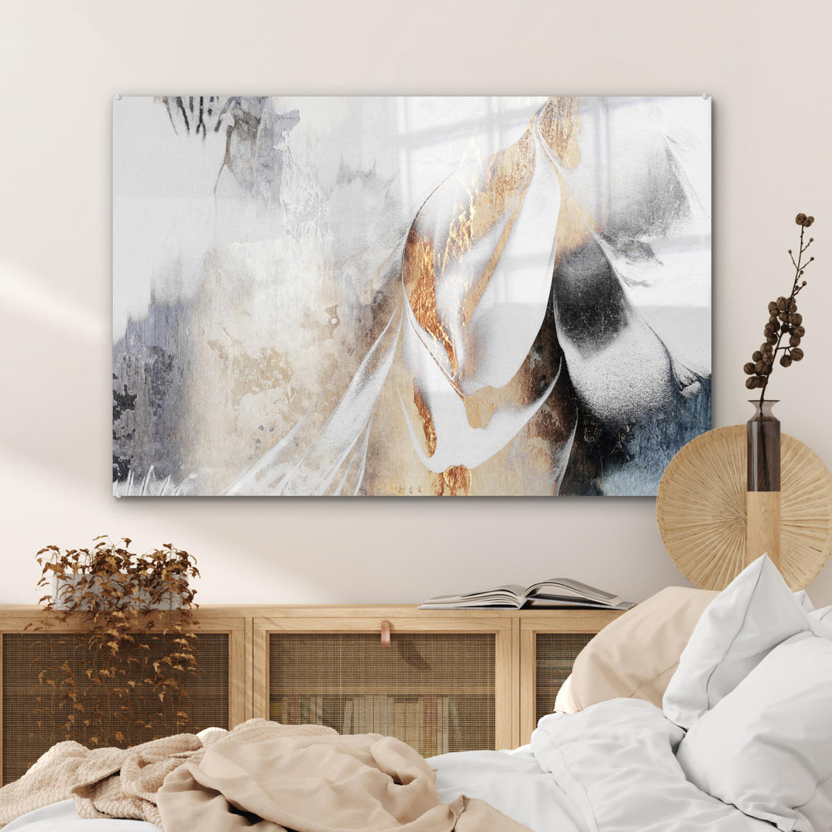 ACRYLGLASBILD Luxus - Abstrakt - Gold - Weiß 90x60 cm - Goldfarben, Glas (90/60cm) - MuchoWow