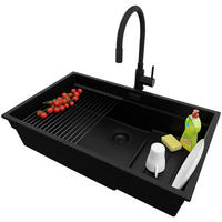 GRANITSPÜLE Praga Slim, 2-er set Schwarz 76/47 cm 1 Becken + Küchenarmatur 40/38 cm + Ablauf-Set + Aufrollbare Abtropffläche ab 80er Unterschrank - Schwarz, Kunststoff (76/20/47cm) - Primagran