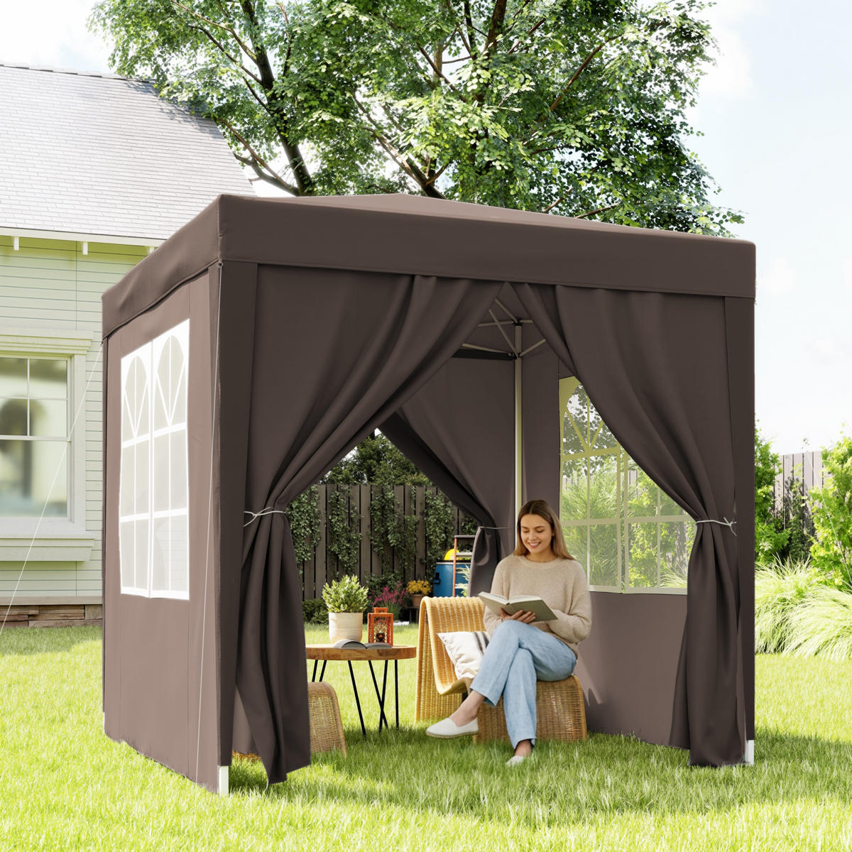FALTPAVILLON, Schwarz, Stahl, Oxford-Stoff - Braun, Metall (200/240/200cm) - Outsunny
