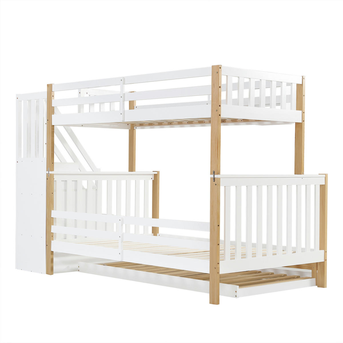 ETAGENBETT 90/200 cm & 120/200 cm in Weiß & Natur mit Rollbett, Regal und Treppe - Weiß/Naturfarben, Holz/Holzwerkstoff (90/200cm) - CHICFURN