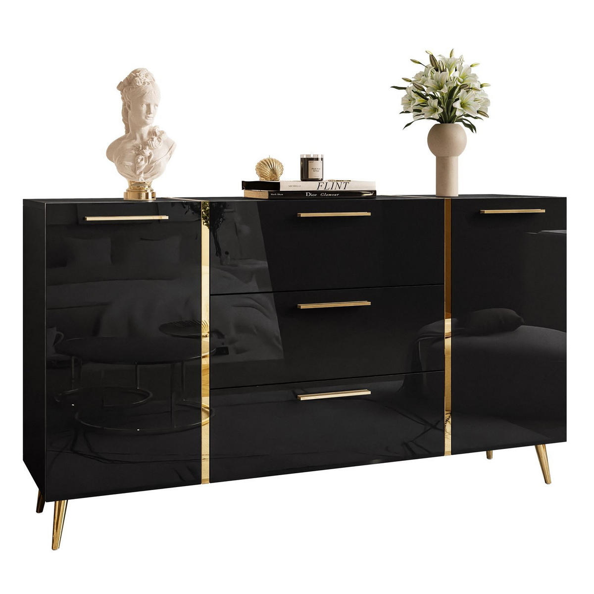 SIDEBOARDS MIT SCHUBLADEN ONYX AUF GOLDENEN BEINEN HOCHGLANZ 158 CM - Schwarz, Holzwerkstoff (158/88/41.3cm) - Lookway