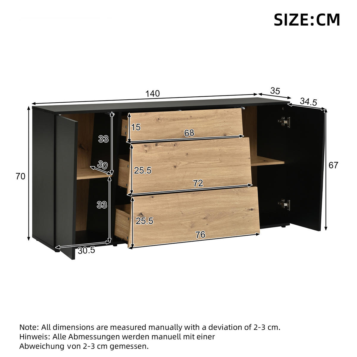 KÜCHENSCHRANK 140x35x70cm Schwarz Holzton mit 3 Schubladen - Schwarz/Naturfarben, Holzwerkstoff (140/70/35cm) - FLIEKS