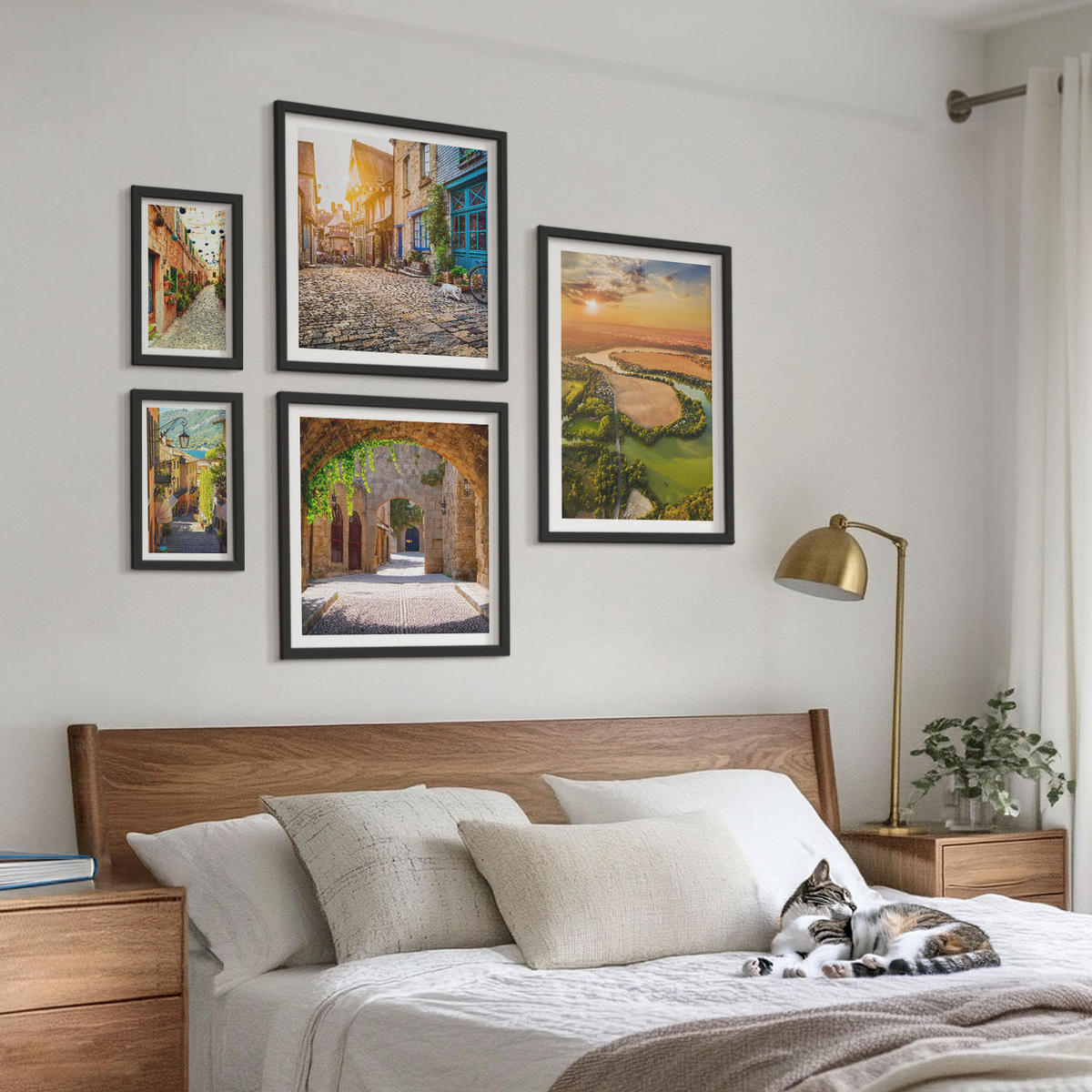 BILDER SET 5er Set - 50x50 cm & 20x30 cm & 40x60 cm Schwarzer Rahmen - Sommerlandschaften im Boho-Stil - Schwarz, Kunststoff (40/60cm) - TULUP