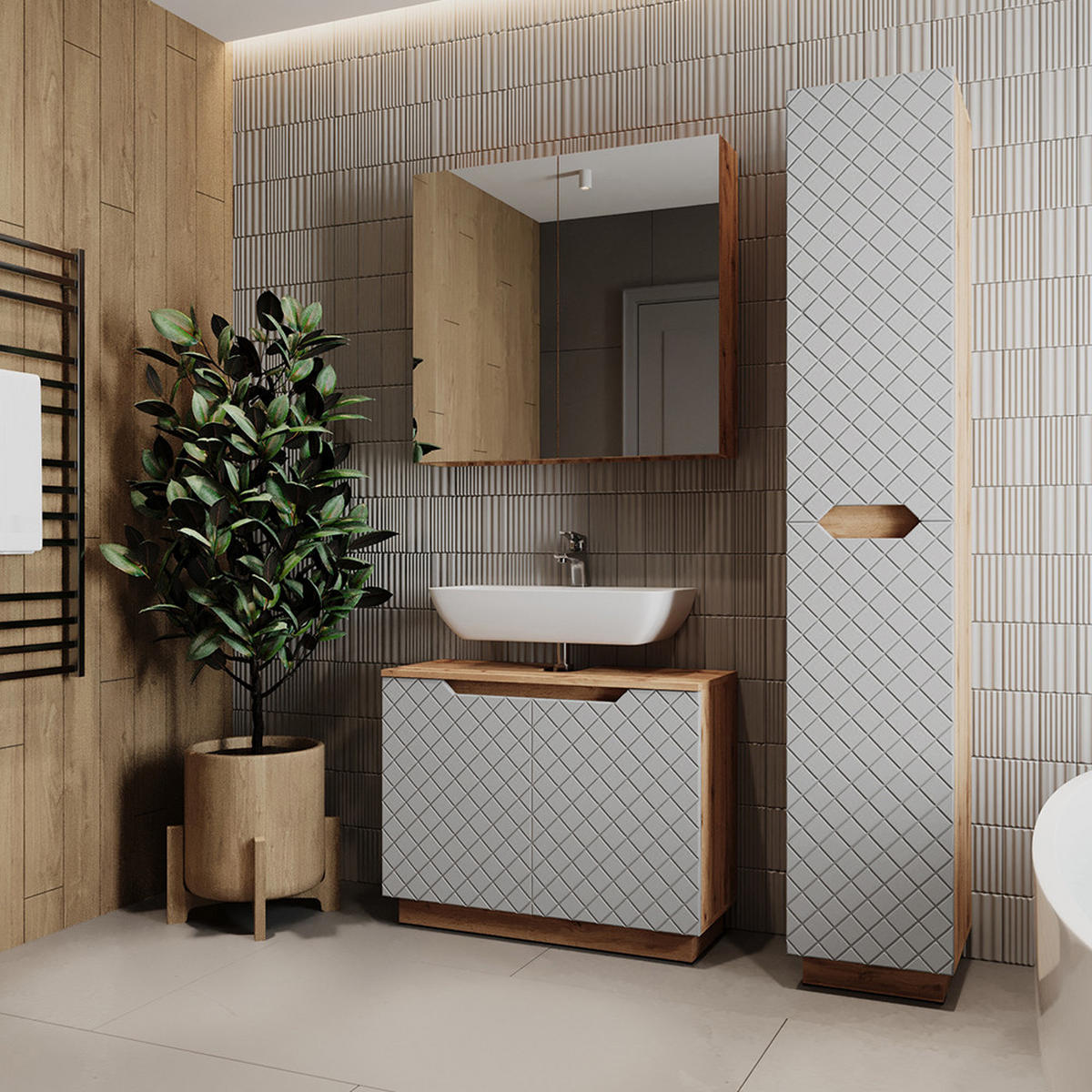 BADMÖBEL-SET Lotta Eiche/Grau mit Kachelstruktur 3 Teile - Eichefarben/Grau, Holzwerkstoff (79.6/62.1/32cm) - Vicco