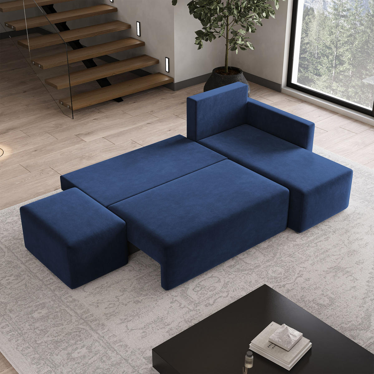 ECKSOFA VELOTTI R-S Blau Plüsch-Stoff mit Schlaffunktion - Blau, Holz (261/143cm) - MASSENO