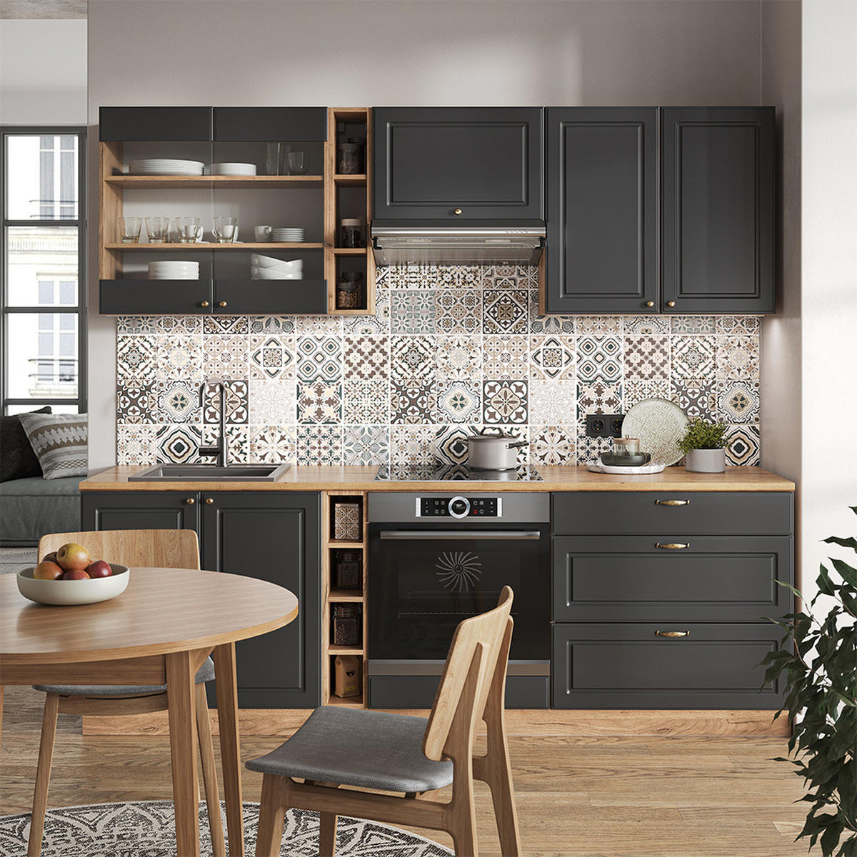 KÜCHENZEILE Fame-Line Anthrazit Landhaus/Goldkraft Eiche 235 cm AP Marmor - Honigeiche/Dunkelgrau, Holzwerkstoff (235/81.6/60cm) - Vicco