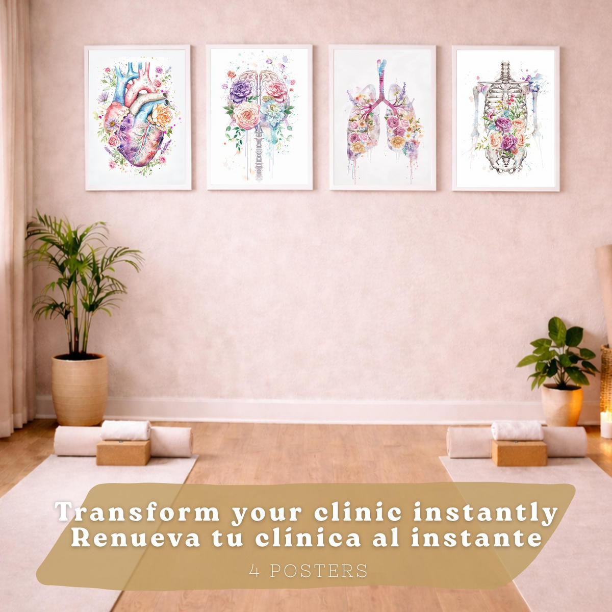 POSTER Set aus 4 Anatomie Mensch Drucke und mit Herz Gehirn Lungen Luftröhre Bronchien Wirbelsäule Florales Aquarell Design Größe Weißer Rahmen A3 - Weiß, Papier (29.7/42/3cm) - Nacnic