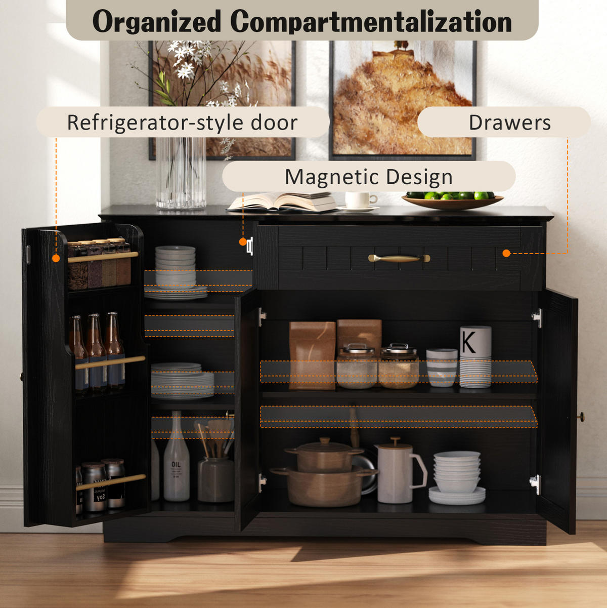 SIDEBOARD 107/40/83.4 cm Schwarz aus MDF mit 3 Türen und Schublade - Schwarz, Holzwerkstoff (40/83.4/107cm) - OKMYHOME