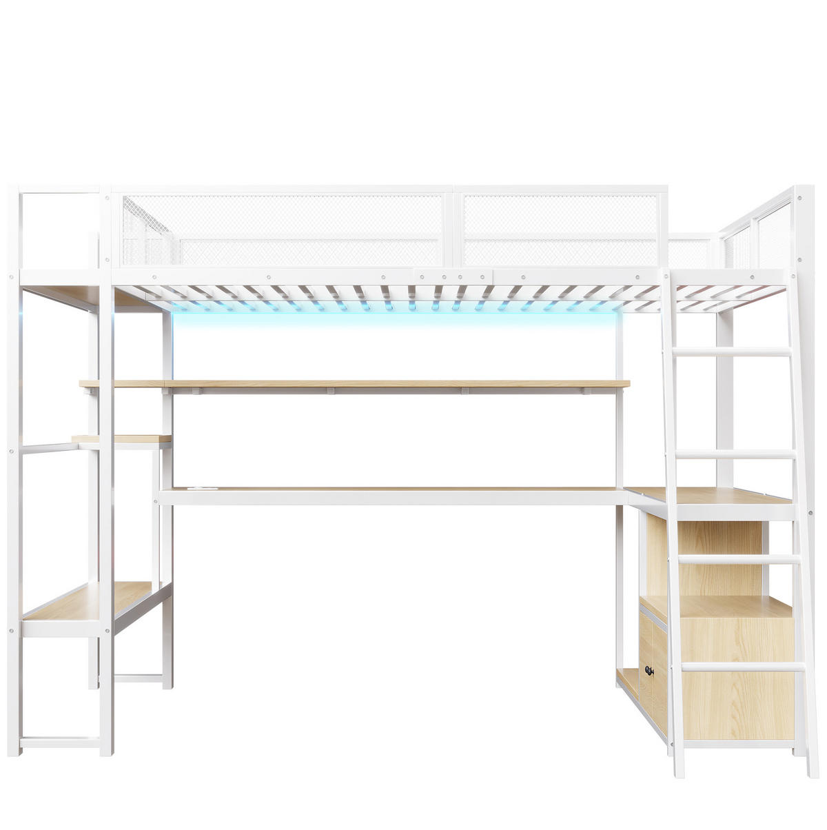 HOCHBETT 140/200 cm mit Schreibtisch, LED-Beleuchtung, Ladestation und Stauraum, Metall/MDF, Weiß - Weiß, Holzwerkstoff (140/200cm) - Redom