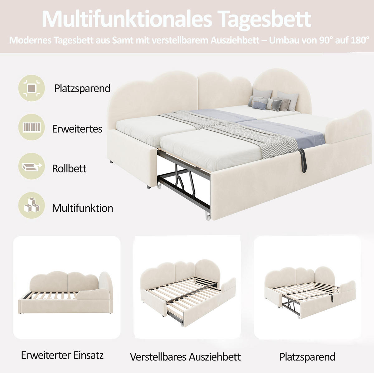 POLSTERBETT Ausziehbares Schlafsofa Samt 90x200 cm Beige ausziehbar, L-Form mit Wolkenkopfteil - Beige, Textil (90/200cm) - Modfu
