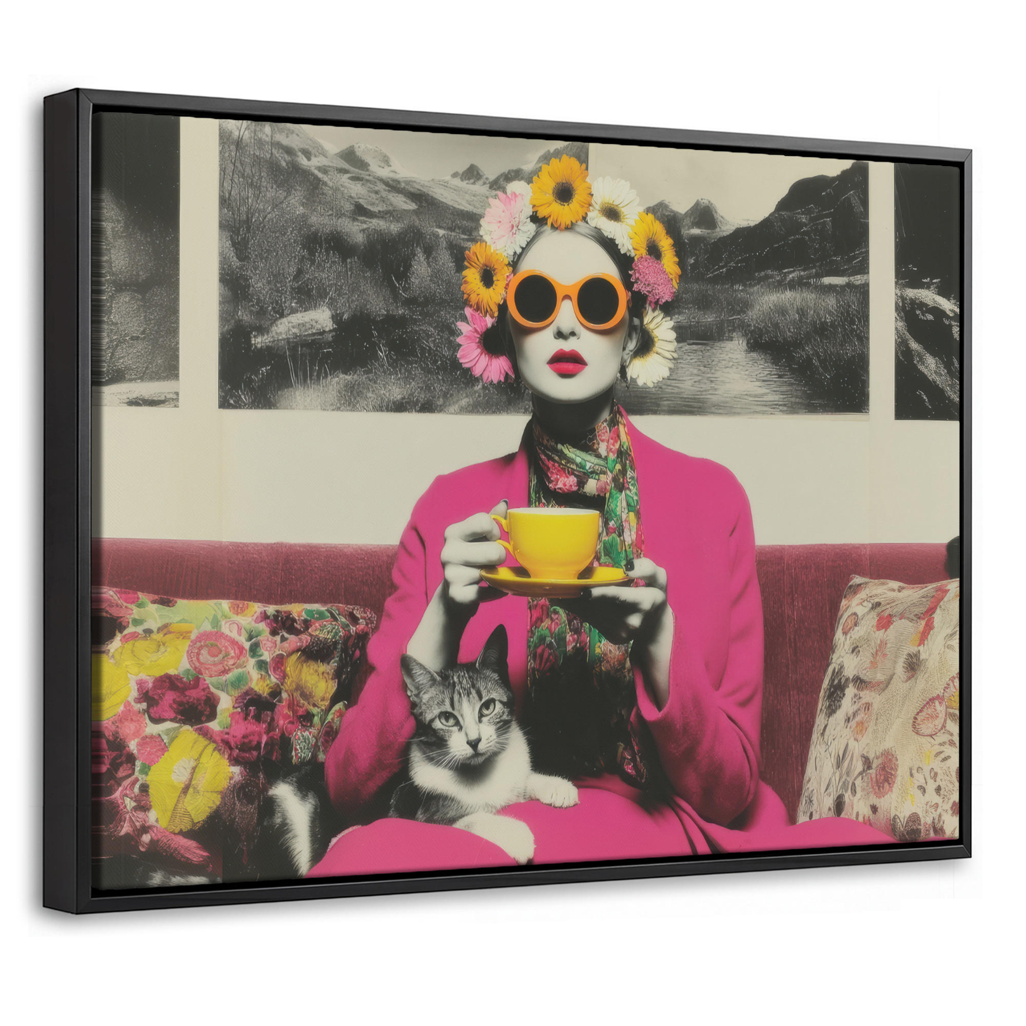LEINWAND Bilder mit Rahmen - Frau - Katze - Blumen - Tasse - Retro - 40x30 - Magenta, Textil (40/30cm) - MuchoWow