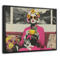 LEINWAND Bilder mit Rahmen - Frau - Katze - Blumen - Tasse - Retro - 40x30 - Magenta, Textil (40/30cm) - MuchoWow
