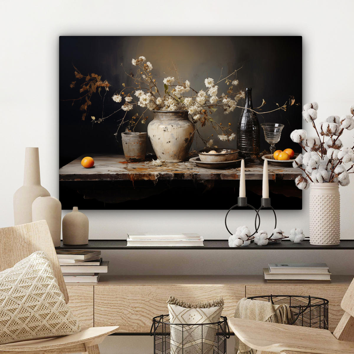 LEINWANDBILD Stilleben - Blumen - Blumenstrauß - Vase - Wein Wandbilder 80x60 cm - Schwarz, Textil (80/60cm) - MuchoWow