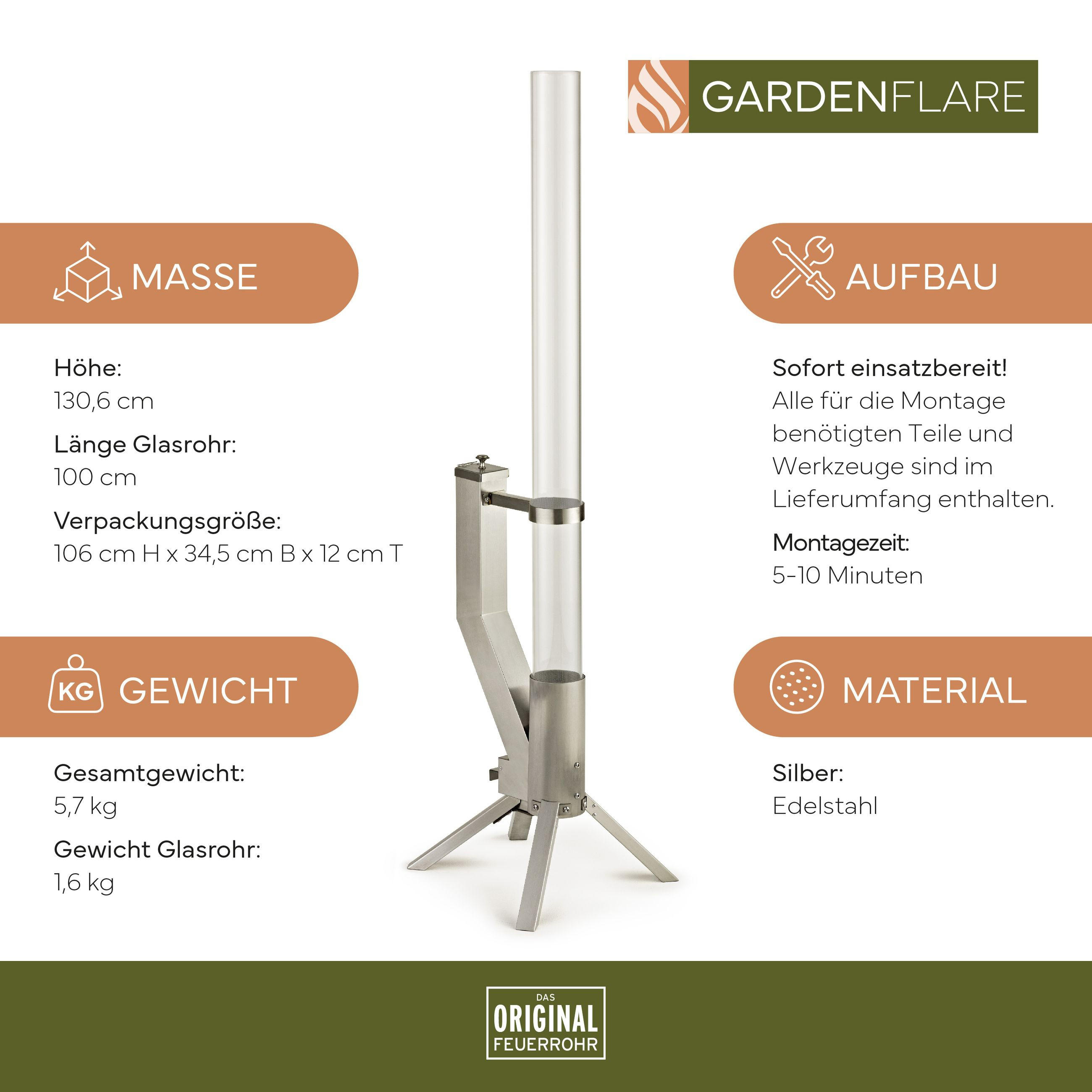 FEUERROHR – elegante Edelstahl Feuersäule und Pelletfackel - silber - Silberfarben, Metall (36/130.6/35cm) - Gardenflare