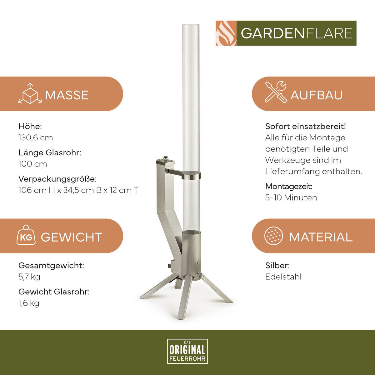 FEUERROHR – elegante Edelstahl Feuersäule und Pelletfackel - silber - Silberfarben, Metall (36/130.6/35cm) - Gardenflare