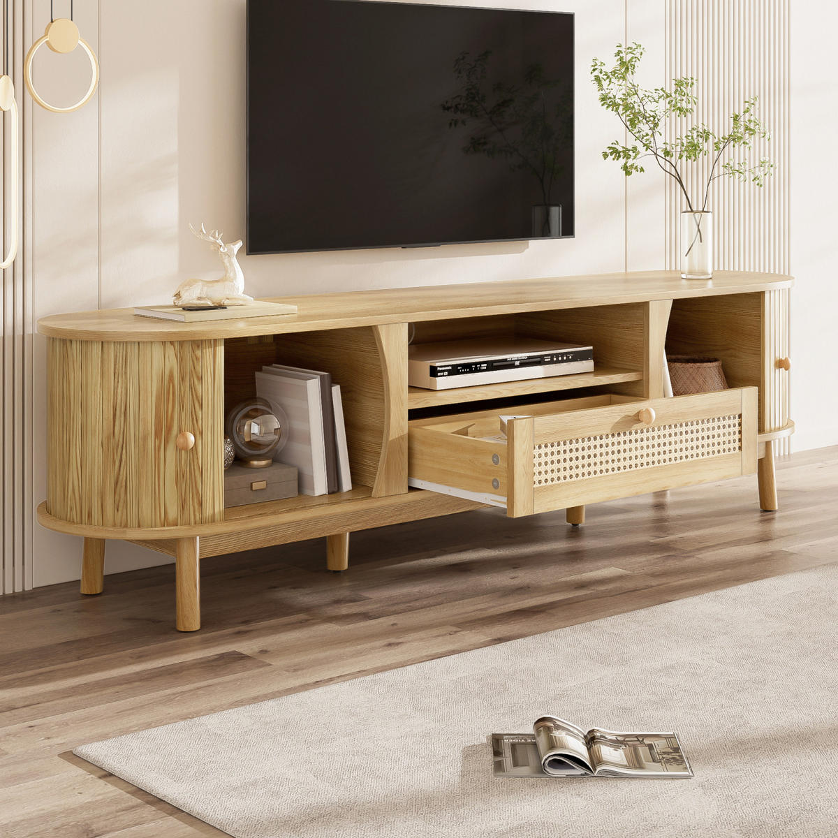 TV-LOWBOARD 165 x 37 x 46 cm, Rattan-Schubladen, Schiebetüren, Stauraum, Natur - Naturfarben, Holzwerkstoff (165/46/37cm)