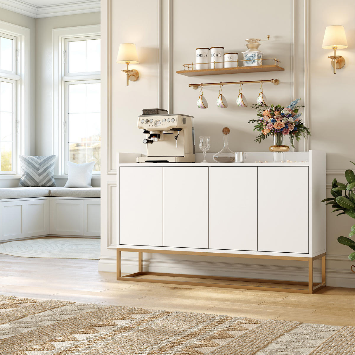 SIDEBOARD, 120/80/30 cm, mit 4 Türen, MDF, weiß - Weiß, Holz/Metall (120/80/30cm) - GENKI LIVING
