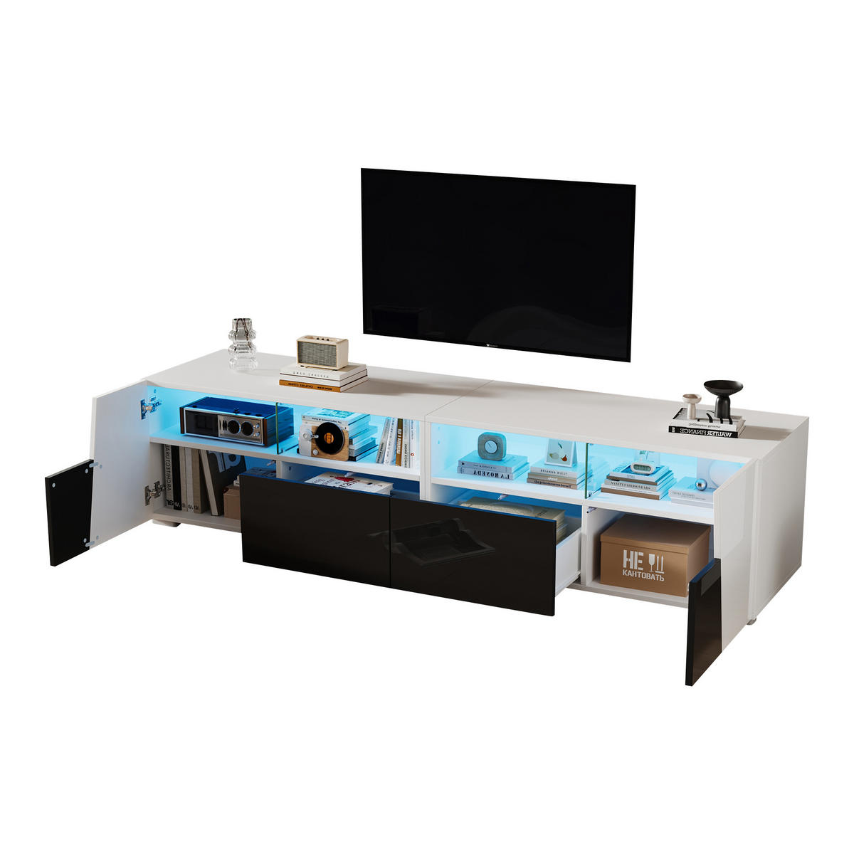 LOWBOARD DE-40398 2 Schubladen mit LED und Hochglanz Weiß - Weiß, Holzwerkstoff (180/45/38.5cm) - ComfortXL