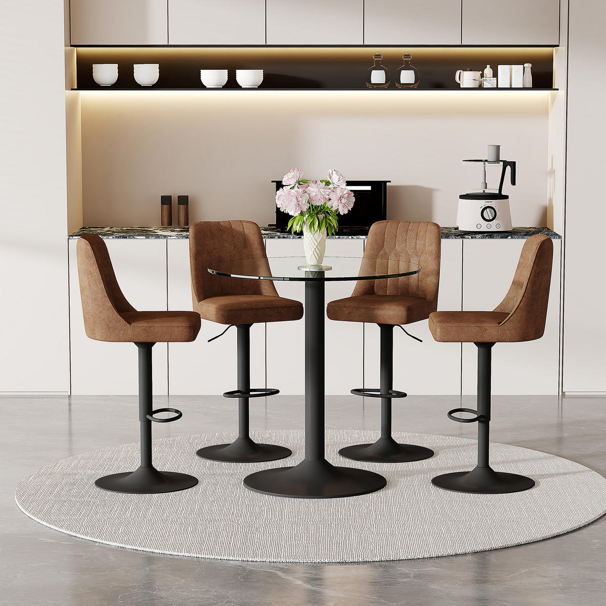 BARTISCH-SET DE-39421 5-teilig, Glastisch und 4 Hocker Braun - Braun, Metall (89/60/92cm) - ComfortXL
