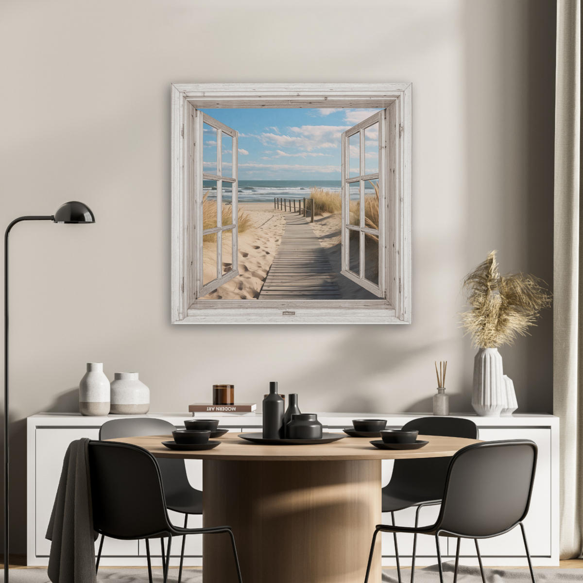 AKUSTIKBILD Fenster - Meer - Küste - Natur - Ausblick - Strand - Wattenmeer Akustikpaneele 80x80 cm - Beige, Kunststoff (80/80/0.9cm) - MuchoWow