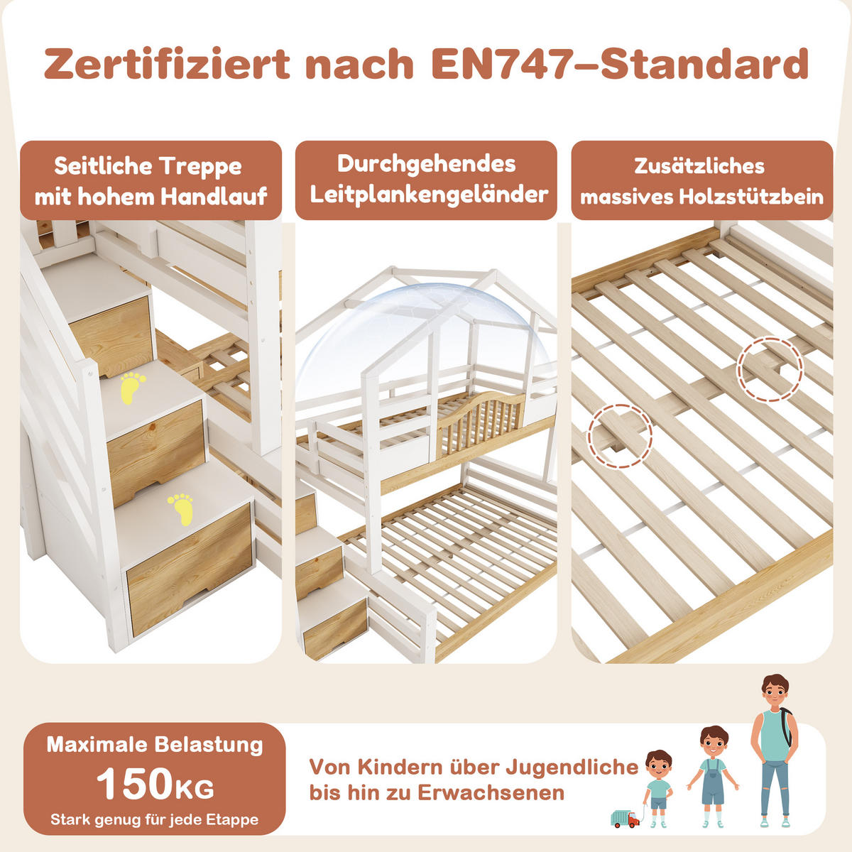 ETAGENBETT 90/200 cm & 140/200 cm in Weiß & Holzfarbe mit Treppenschrank und Regalen - Weiß, Holz/Holzwerkstoff (140/200cm) - WISHDOR