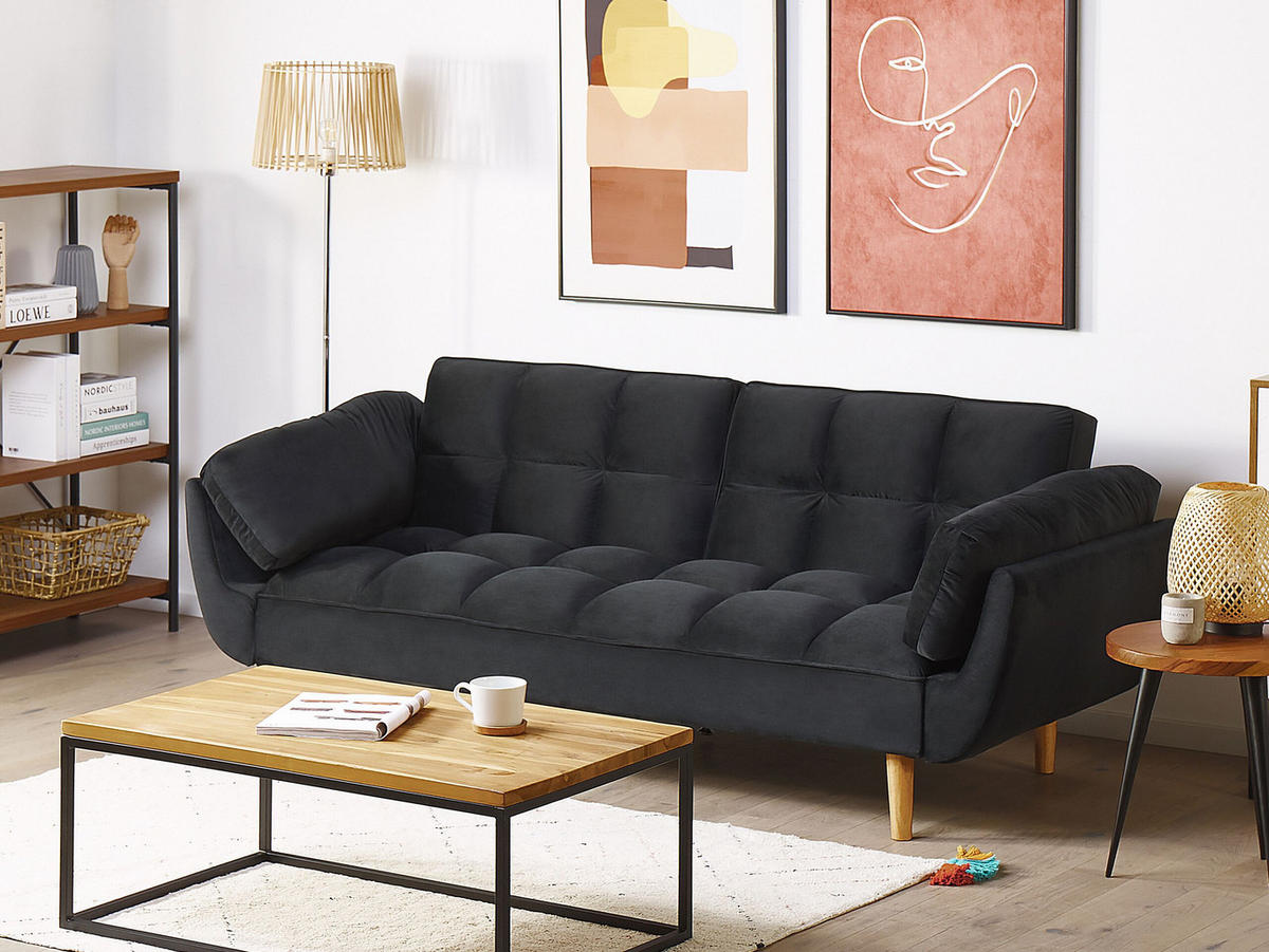 3-SITZER-SCHLAFSOFA Samtstoff Schwarz Asby - Schwarz, Textil (218/82/83cm) - Beliani
