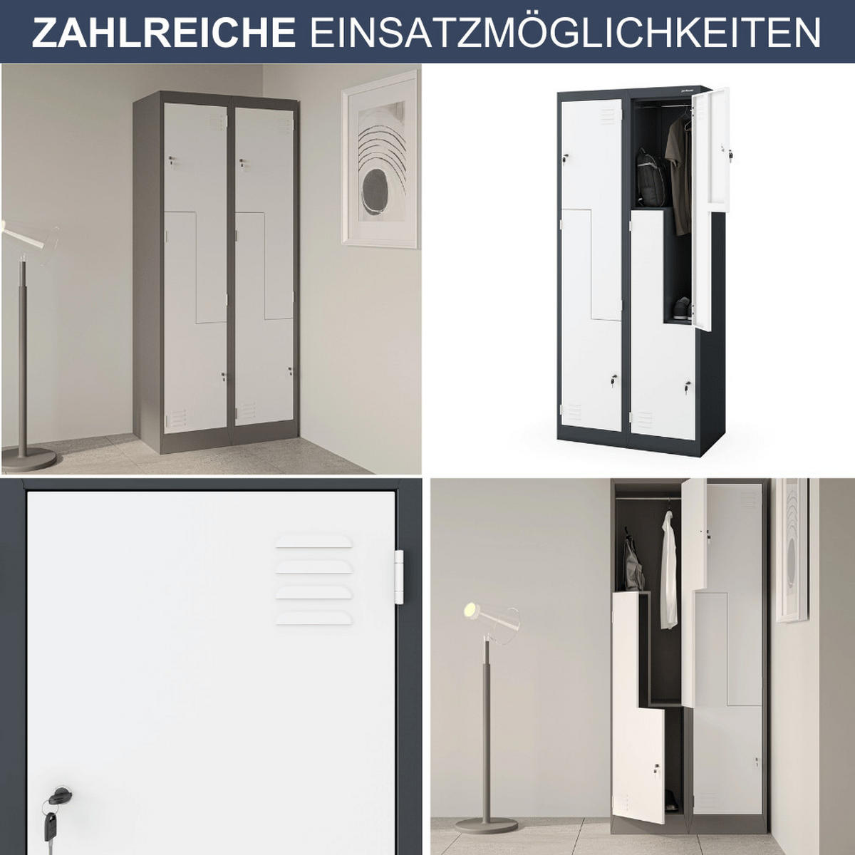 UMKLEIDESCHRANK Spind OSLO 4 Abteile 185x80x45cm Anthrazit-Weiß - Anthrazit, Metall (80/185/45cm) - DELUKE