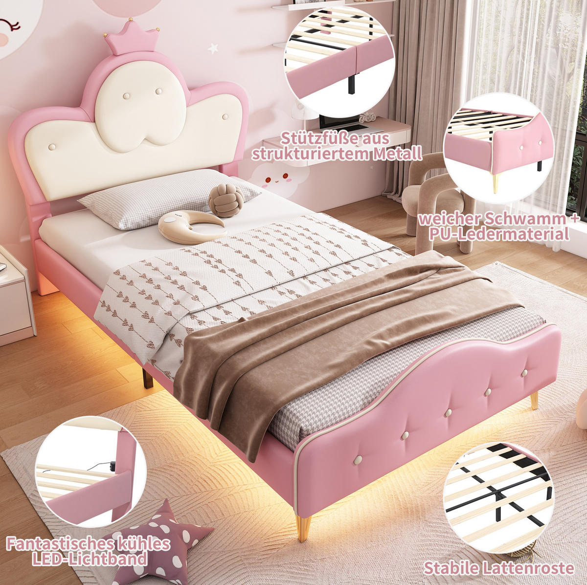 POLSTERBETT mit LED-Beleuchtung 90/200 cm in Rosa/Weiß mit gepolstertem Kopfteil - Weiß, Kunststoff (90/200cm) - BEAOK