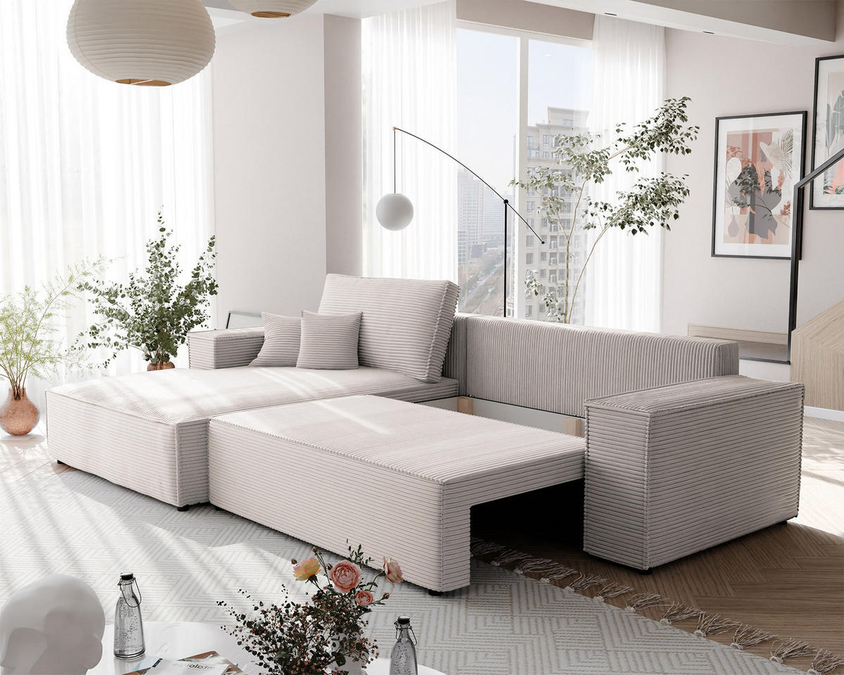 ECKSOFA NOVA mit Schlaffunktion und Bettkasten Creme - Creme, Holzwerkstoff/Kunststoff (250/160cm) - Idohome
