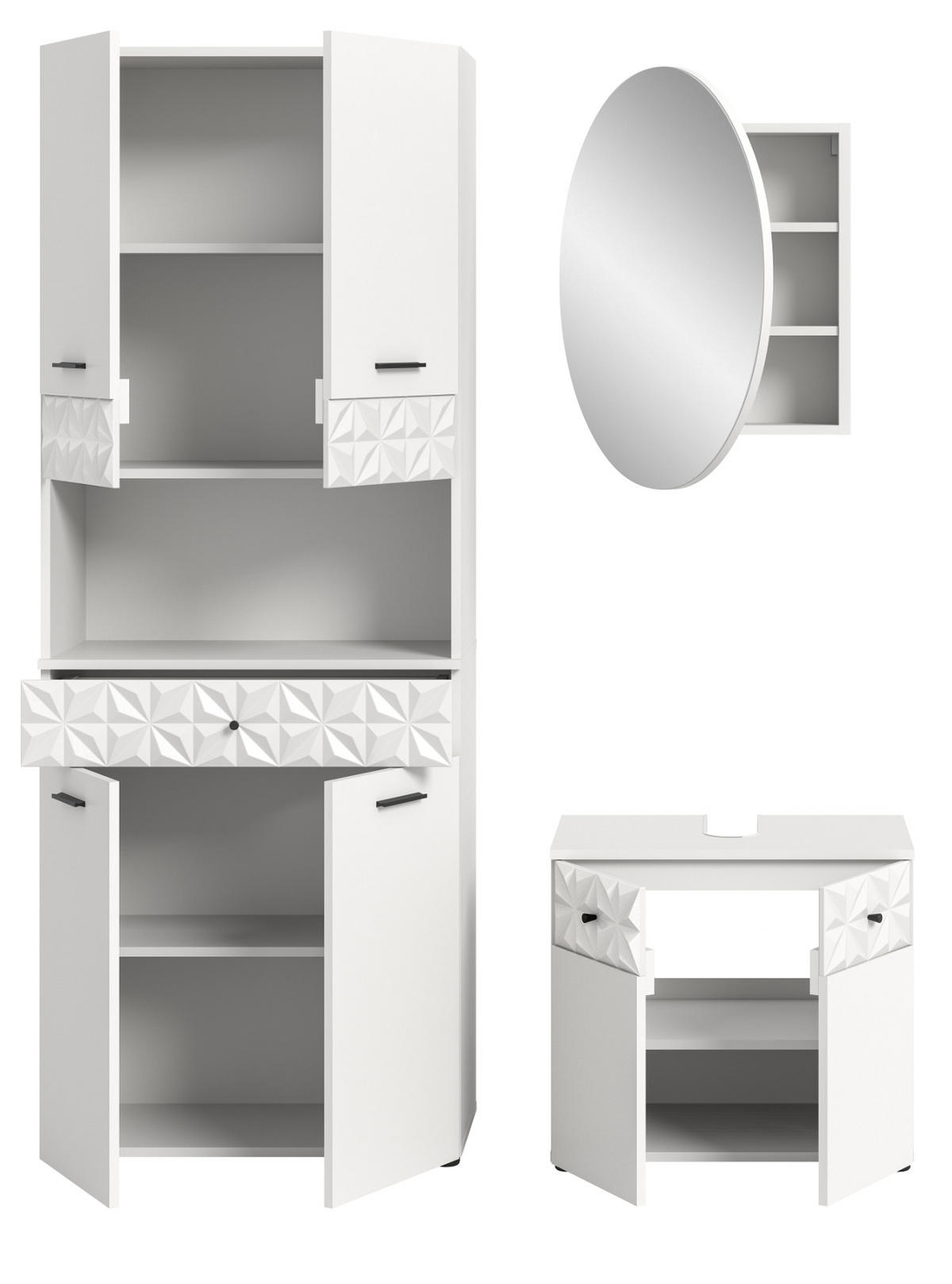 BADMÖBEL-SET weiß Hochglanz 3-teilig 155 cm, Komplettset mit 3D-Struktur - Weiß Hochglanz, Glas/Holzwerkstoff (155/187/37cm) - Inn.Furn