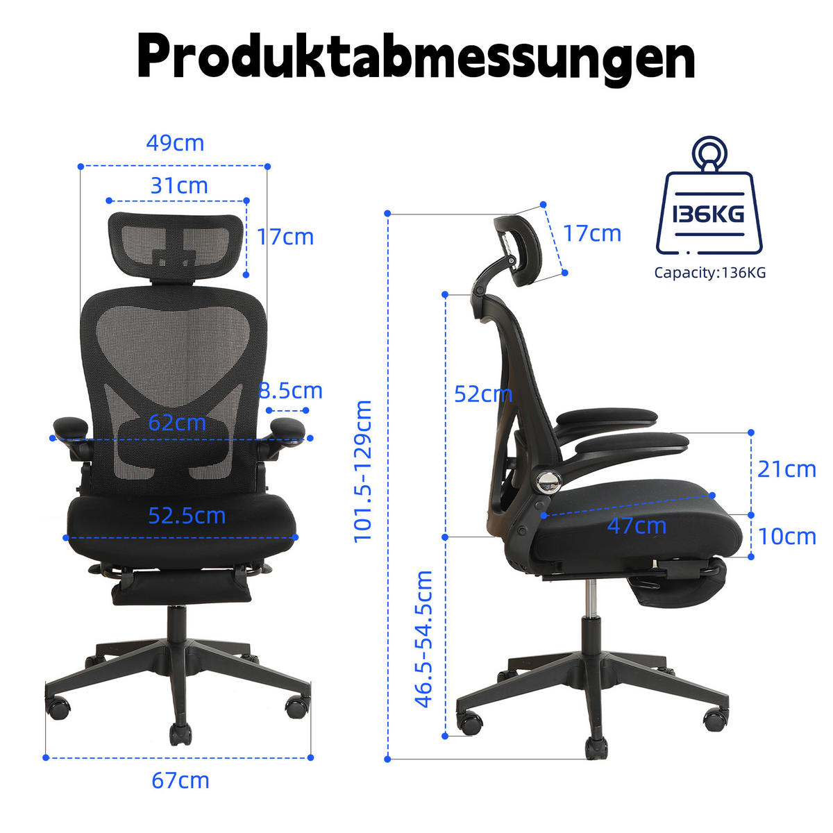 DREHSTUHL DE-40943 mit klappbarer Rückenlehne und 3D-Kopfstütze Schwarz - Schwarz, Metall (62/129/48.5cm) - ComfortXL
