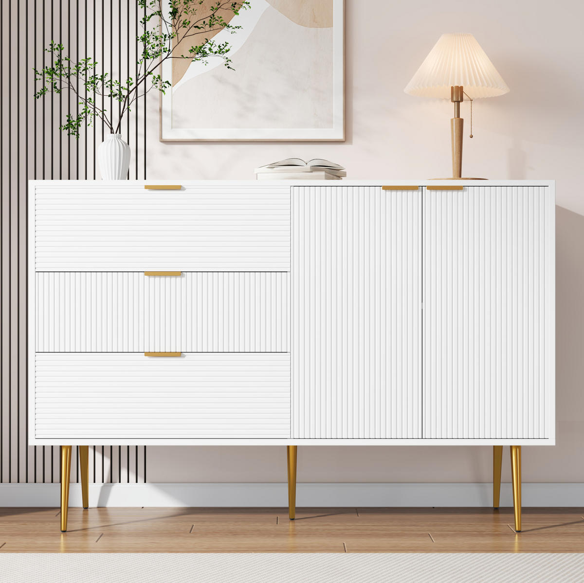 SIDEBOARD 120/38/80,5 cm aus MDF mit Wellenmuster und 3 Schubladen Weiß/Gold - Weiß, Holzwerkstoff (120/80.5/38cm) - Modenvie