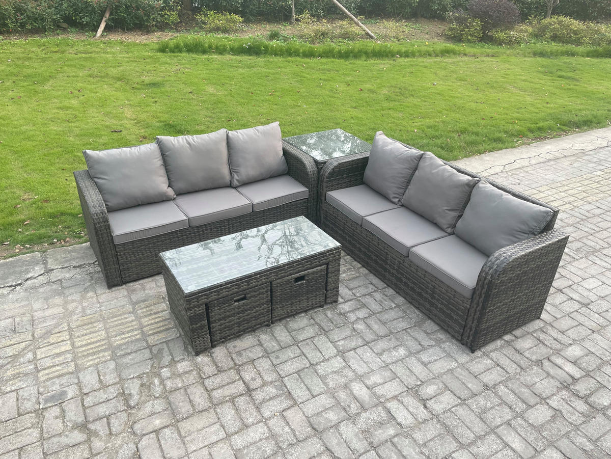 GARTENSOFA SET mit COUCHTISCH Polyrattan 8-Sitzer - Dunkelgrau/Grau, Glas/Kunststoff - Fimous