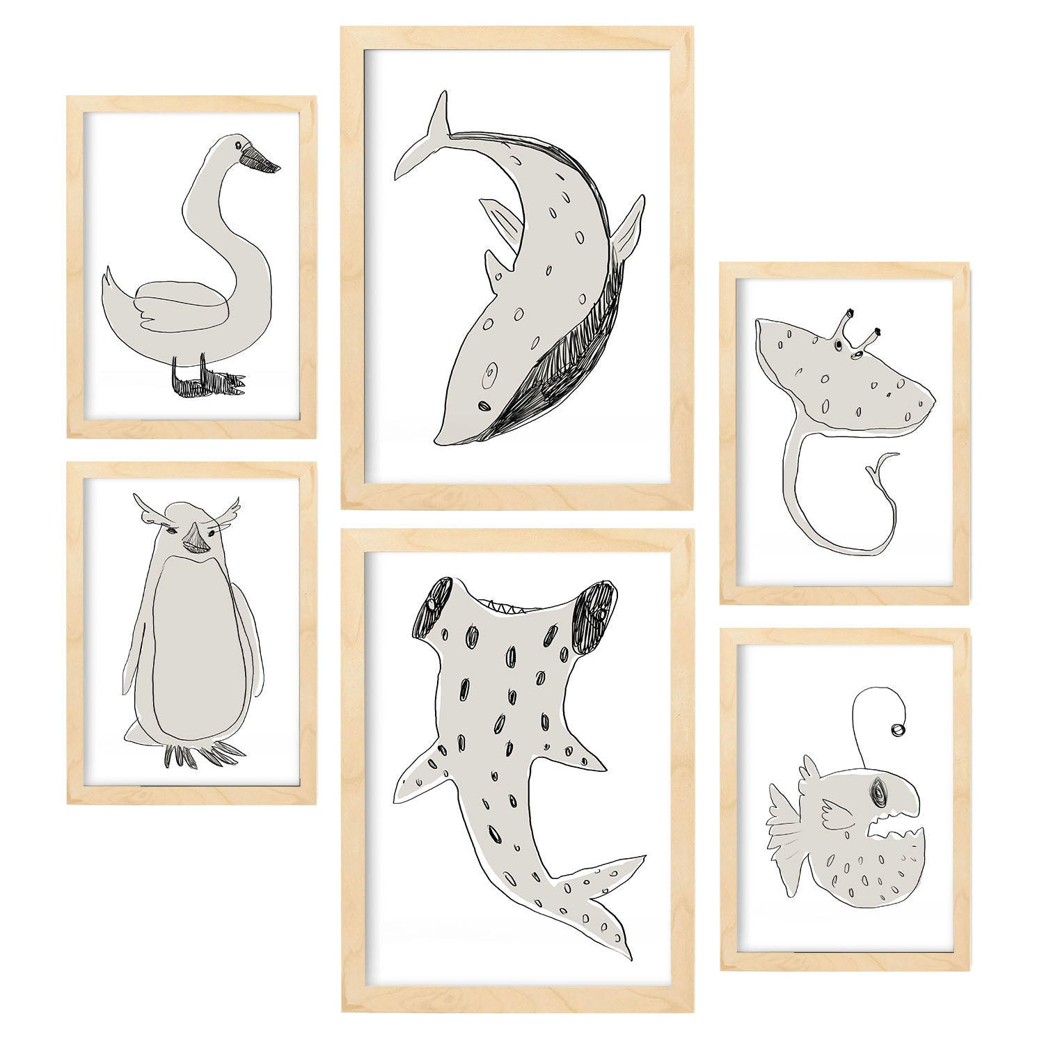 POSTER Set Mit 6 Sea Varmint In Tiere Abstracts Ästhetische Dekorative Gemälde Für Ihr Wohnzimmer Schlafzimmer Zuhause A3 & A4 Rahmen Aus Hellem Holz - Beige, Papier (29/3cm) - Nacnic