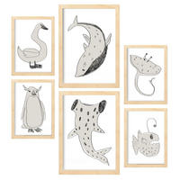 POSTER Set Mit 6 Sea Varmint In Tiere Abstracts Ästhetische Dekorative Gemälde Für Ihr Wohnzimmer Schlafzimmer Zuhause A3 & A4 Rahmen Aus Hellem Holz - Beige, Papier (29/3cm) - Nacnic