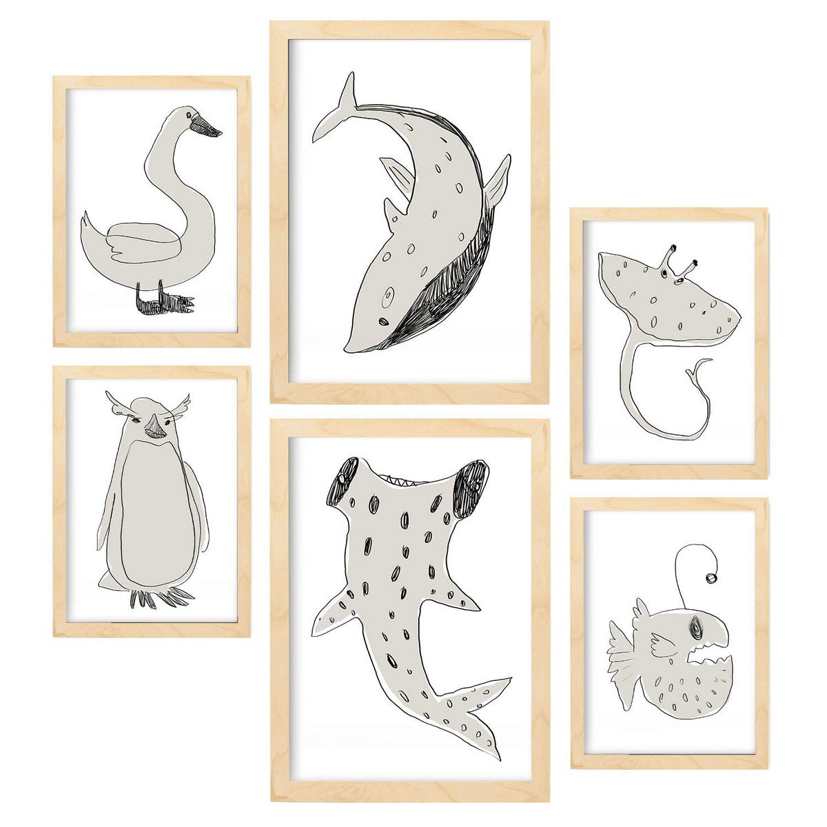 POSTER Set Mit 6 Sea Varmint In Tiere Abstracts Ästhetische Dekorative Gemälde Für Ihr Wohnzimmer Schlafzimmer Zuhause A3 & A4 Rahmen Aus Hellem Holz - Beige, Papier (29/3cm) - Nacnic