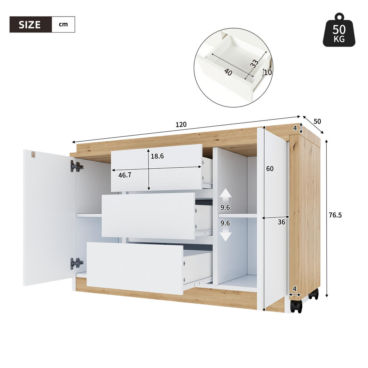 SCHREIBTISCH Rollen drehbar 4cm Tischplatte Weiß Eiche multifunktional - Weiß, Holzwerkstoff (120/50/76.5cm) - FLIEKS
