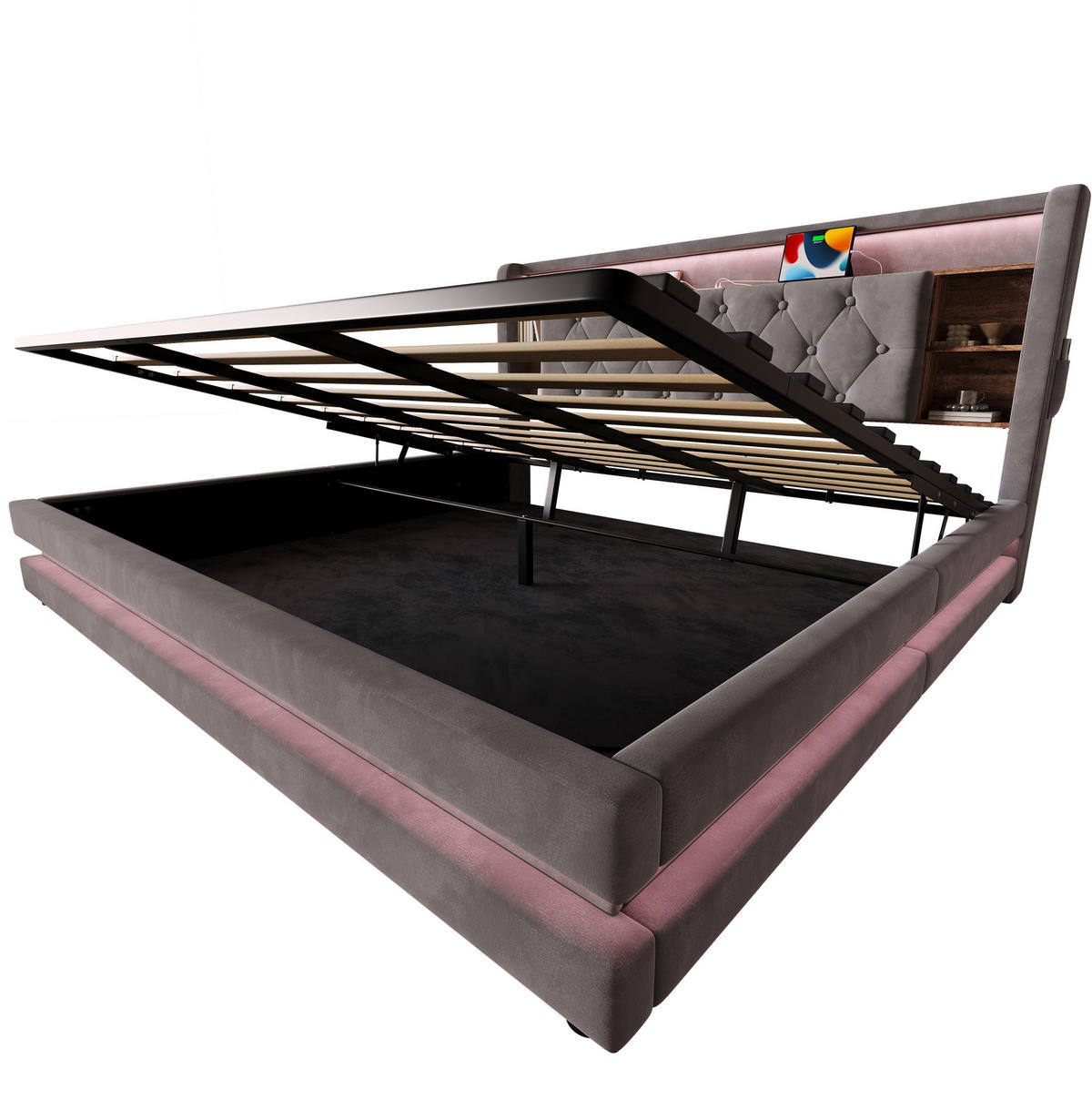 POLSTERBETT für 180x200 cm Matratzen in Dunkelgrau mit LED, Bettkasten und USB - Dunkelgrau, Textil (180/200cm) - IVMEU