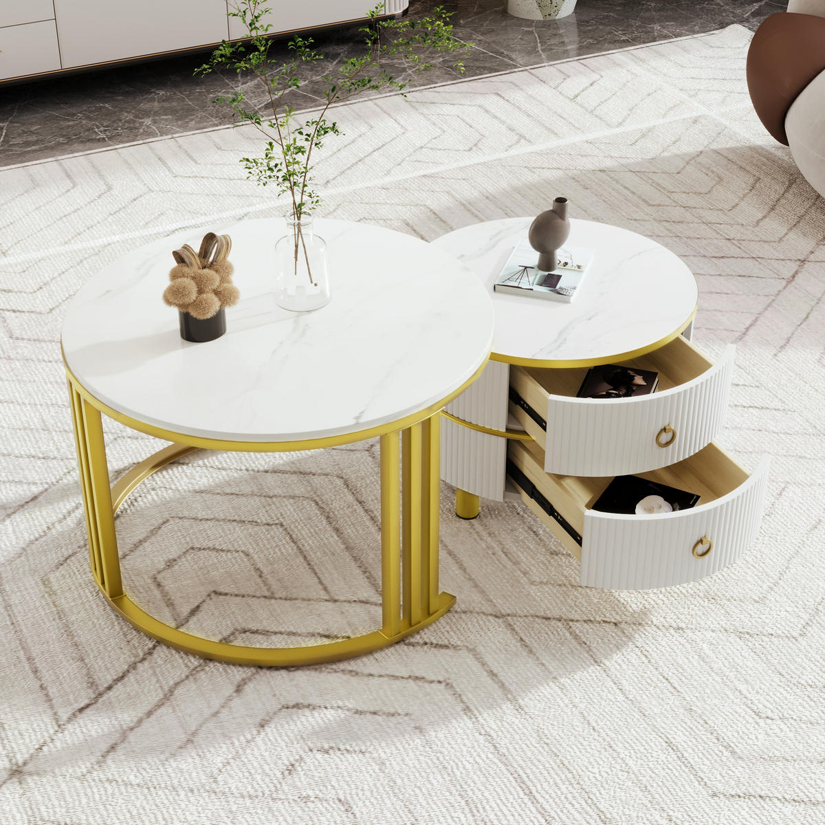 COUCHTISCH DE-018 MarmoGlanz Gold/Weiß 2-tlg. - Weiß, Holzwerkstoff (70/70/46cm) - ComfortXL