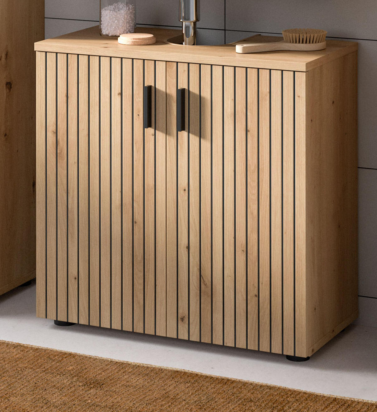 WASCHBECKENUNTERSCHRANK Eiche Artisan 80 cm, Badezimmer Unterschrank mit Rillen-Optik - Schwarz/Eiche Artisan, Holzwerkstoff/Kunststoff (60/59/30cm) - Inn.Furn