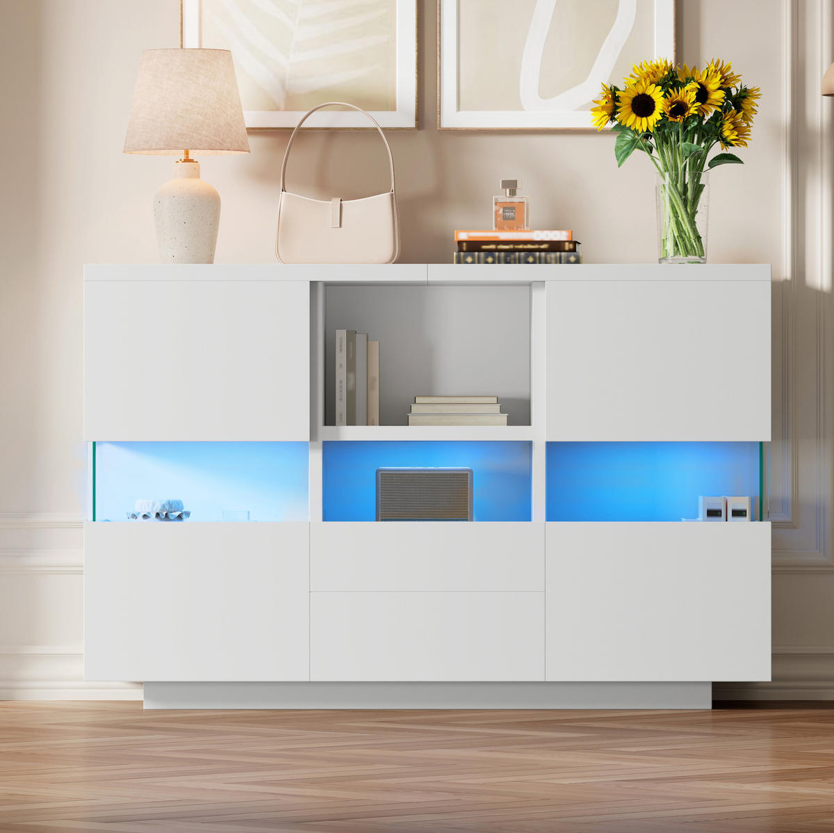 OBÝVACIA skrinka, 140/35/75 cm, drevený materiál biela, s LED osvetlením a vitrínou - biela, kompozitné drevo (140/75/35cm) - BEAOK