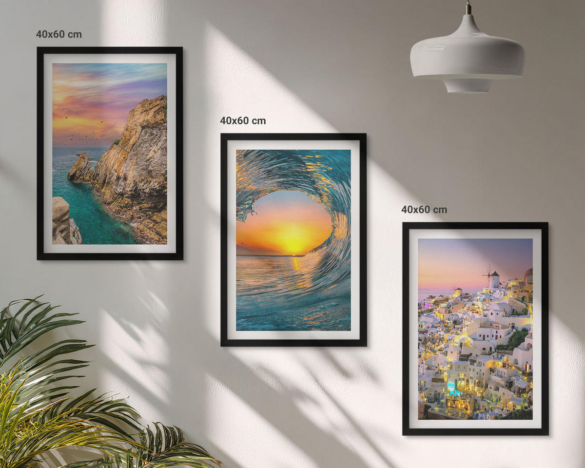 BILDER SET 3er Set - 40x60 cm Schwarzer Rahmen - Meereswellen, weiße Häuser, Santorini - Schwarz, Kunststoff (40/60cm) - TULUP
